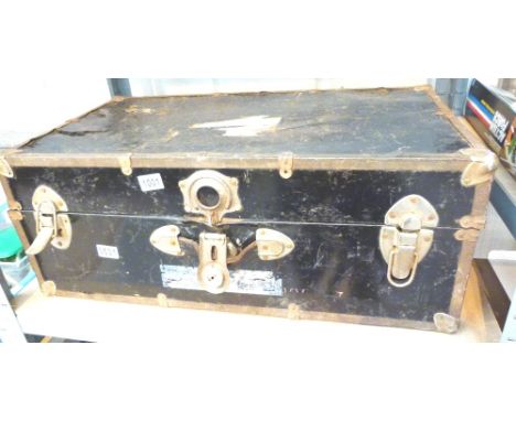 LUGGAGE TRUNK. Large black painted tin luggage trunk, L: 76 cm