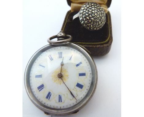 SILVER MARCASITE RING. Sterling silver marcasite ring and silver fob watch with missing back cover