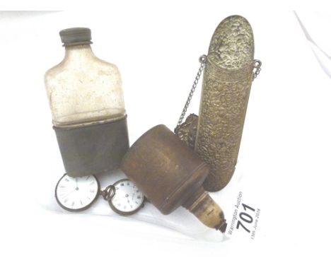 MIXED ITEMS. Collection of mixed items including silver fob watch, spectacle case, hip flask etc