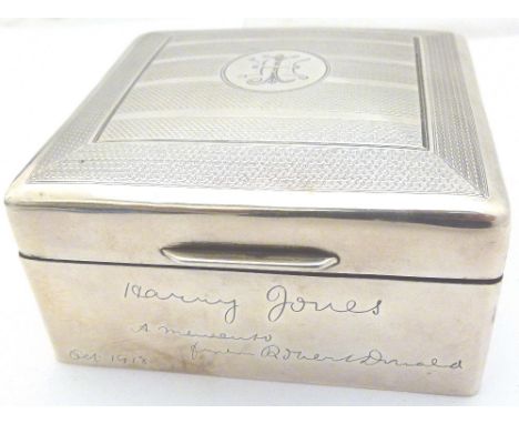 SILVER CIGARETTE BOX. Solid silver engine turned cigarette box, assay Birmingham 1918