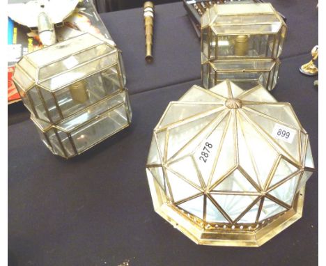 GLASS & BRASS CEILING LIGHT. Large flass and brass faceted ceiling light and two matching wall lights