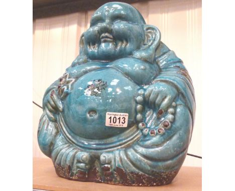 GARDEN BUDDHA. Blue ceramic garden Buddha, H: 38 cm