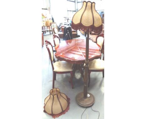 WOODEN STANDARD LAMP. Antique wooden standard lamp and a pair of lamp shades.