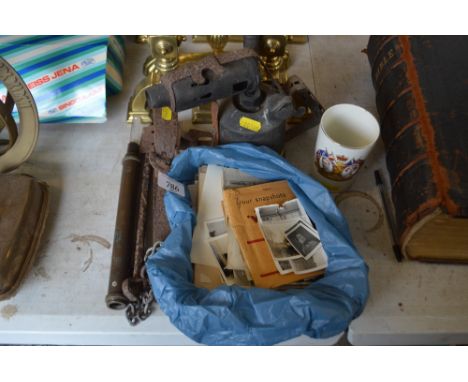 A quantity of ephemera, photos, brass blow lamp, trap, etc.