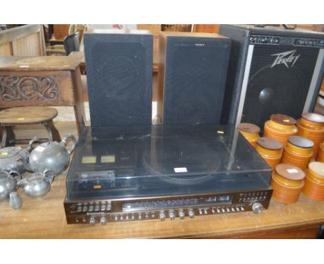 An automatic turntable with a pair of Sony speaker