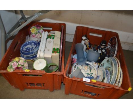 Two boxes of various glass and china to include Poole jug; floral encrusted ornaments; Copenhagen collectors plates; a pair o