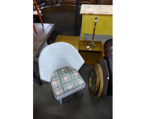 A teak side table, a Lloyd Loom Lusty white painted wicker chair, an Italian style gilt table lamp, etc 