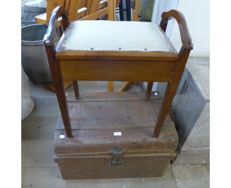 A tin trunk and an Edward VII mahogany piano stool 