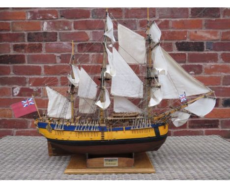 A LARGE FINE SCALE MODEL OF CAPTAIN JAMES COOK'S SHIP HMS ENDEAVOUR, mounted on an oak base, L 96 cm, H 78 cm    