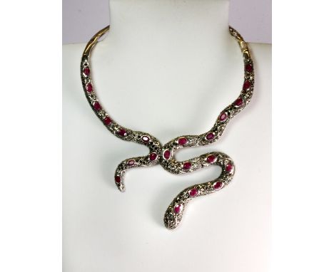 An impressive 925 silver and marcasite ruby set articulated snake necklace.