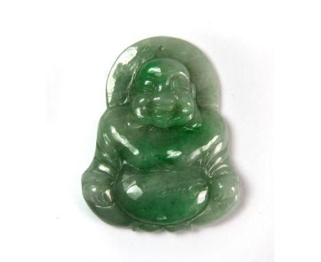 A lovely Chinese carved jadeite jade mixed green Happy Buddha pendant, H. 4.5cm. Private estate purchased c. 1973.