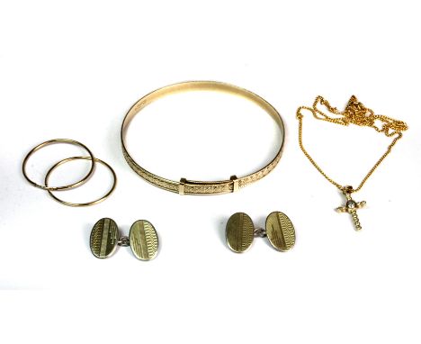 A pair of 9ct hoop earrings, a 9ct pendant, a pair of gold plated on silver cufflinks and a rolled gold bangle.