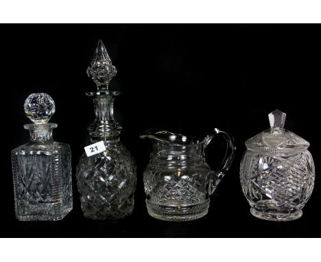 A good Irish Regency glass mallet form decanter and stopper, H. 33cm, together with three other pieces of good glassware comp