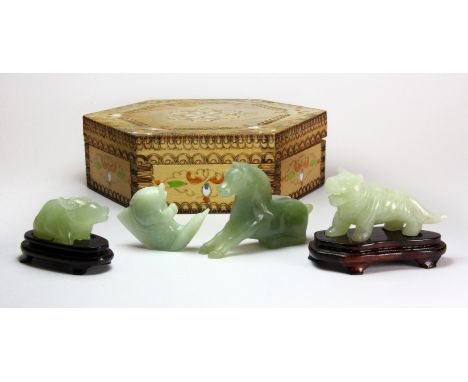 Four Chinese carved jade animals / fish, horse length 7cm.