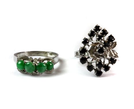 A 925 silver and sapphire ring (O) together with a white metal polished jade set ring (T.5).