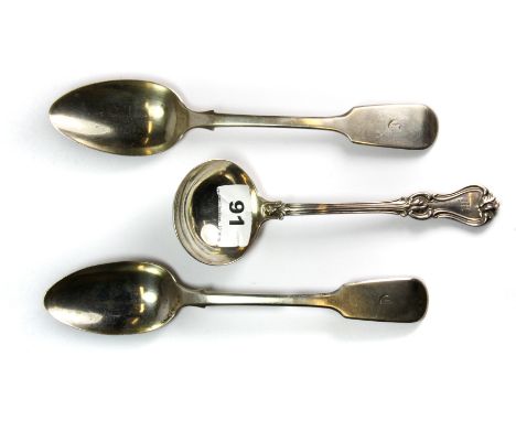 A Samuel Hayne & Dudley Cate London 1844 silver hallmarked ladle, L. 18.5cm, and two c. 1845 silver hallmarked soup spoons by