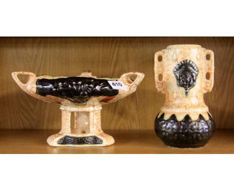 A continental Art Nouveau ceramic comport, H. 15cm together with a matching vase.