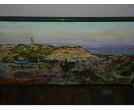 Sandra Pepys (20th century School), 'The City of Jerusalem', oil on canvas, signed lower left. H.60cm W.111cm