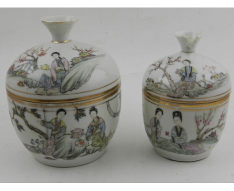 Two Chinese porcelain jars and covers, decorated with figures in landscape, bears seal mark to base. H.16cm (largest)