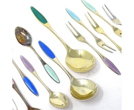 A set of Frigast Danish vermeil sterling silver and harlequin enamel flatware, comprising graduated pair of caddy spoons, 6 t