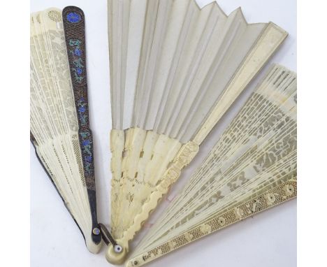 3 Chinese ivory brise fans, one with silver and enamel pierced guards, largest length 27.5cm, (3)

Fan with silver guards has