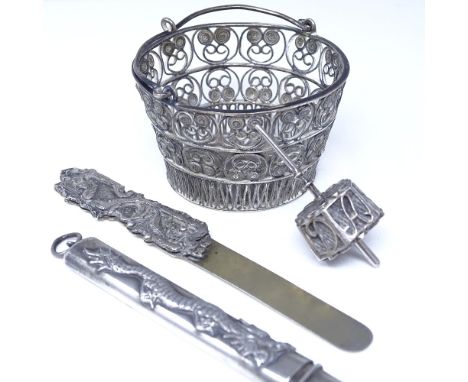 Various silver ware, including filigree basket, bookmark, dragon pencil case and spindle box, bookmark length 10.5cm, (4)

Al
