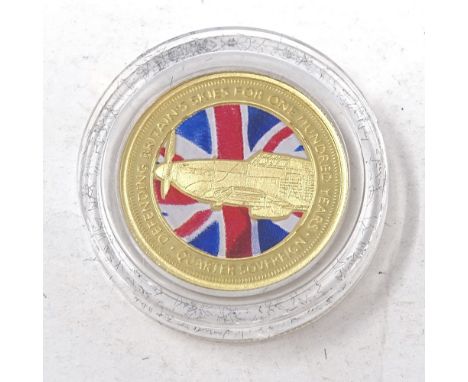The 2018 Defence of Our Skies colour quarter sovereign by Hattons of London, to commemorate defending Britain's skies for 100