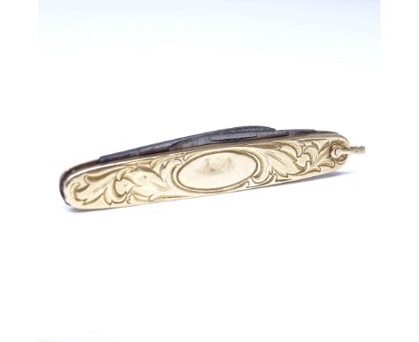 A 10ct gold mounted penknife, engraved foliate decoration with steel blades, length 47.7mm

Good overall condition, no obviou