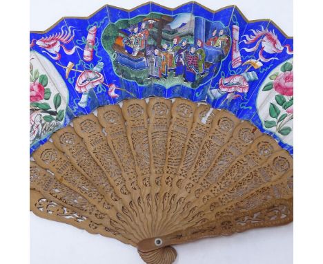 A 19th century Chinese Mandarin fan, double-sided hand painted main paper panel with applied faces and cedar wood sticks, len