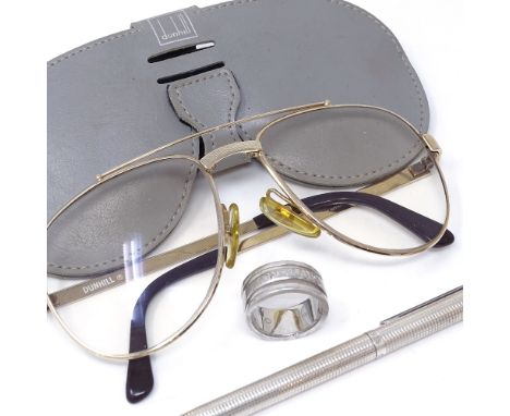 A Mont Blanc Creative sterling silver band ring, a pair of Vintage Dunhill 6029 gold plated glasses, and a sterling ballpoint