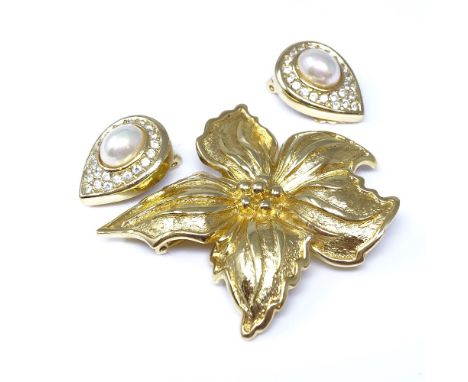 CHRISTIAN DIOR - a Vintage gold plated flower head brooch, and a pair of pearl and rhinestone teardrop ear clips, brooch leng