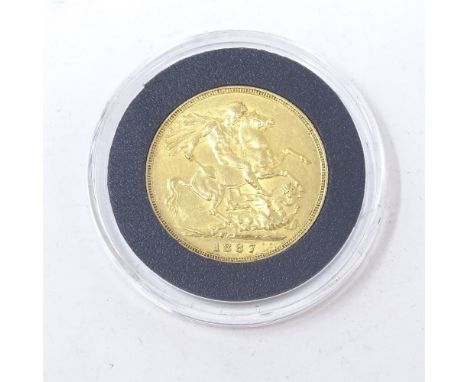 A Queen Victoria 1887 yellow gold sovereign by Hattons of London, Jubilee portrait of Queen Victoria, the only sovereign ever