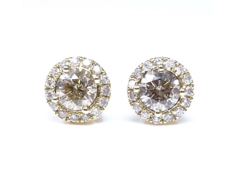 A pair of 14ct gold 1.22ct light brownish yellow diamond cluster earrings, with stud fittings, each central stone approx 0.61