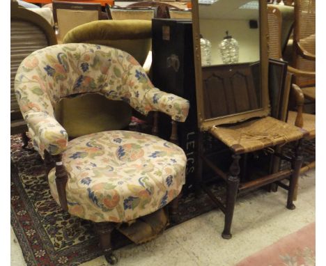 A Victorian yolk-back salon chair, a rush seat ladderback chair, painted tin trunk and gilt framed mirror