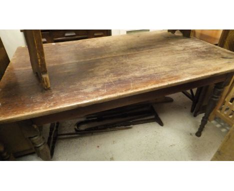 A Victorian oak kitchen table, pine bench seat, pine wall shelf unit with cup hooks and a towel rail