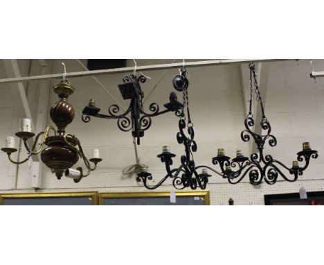 A five branch electrolier in brass and turned wood, together with various other light fittings CONDITION REPORTS One branch i