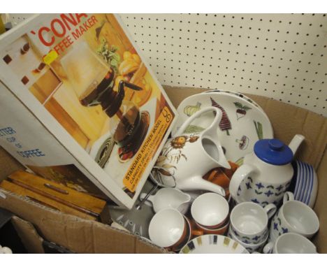 A box containing a "Cona" coffee maker, a Midwinter "Cornfield" coffee service, a Midwinter "Roselle" coffee service, etc