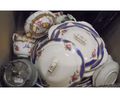 A box containing a quantity of various china wares to include teapot, cups and saucers, two sugar bowls, a small case of vari