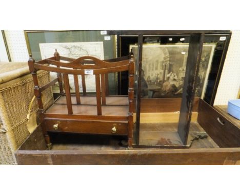 A Victorian stained teak trunk drawer, a modern mahogany Canterbury, cane trunk, a crate of various lamps and a stained pine 