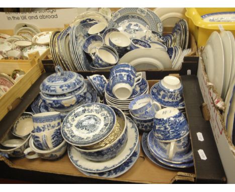 Five boxes of assorted blue and white china to include Woods "Yuan ware", Royal Doulton "Norfolk", Shelley and mid 20th Centu