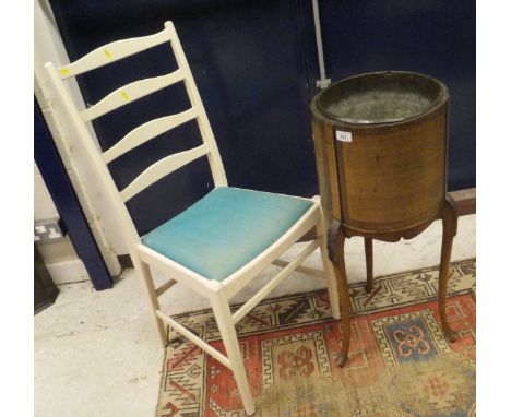 An Edwardian mahogany and inlaid jardinière stand, two stools, compact disc holder, three chairs and a cast iron fire basket