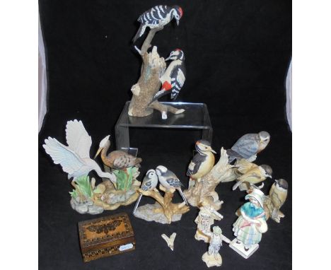 A collection of six various bird figures, three various figurines, Tunbridgeware box and a Needle Needs necessaire needlework