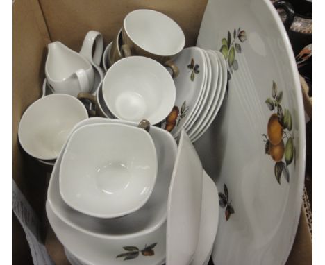 Four boxes of assorted china wares, etc, to include a Midwinter Stylecraft Oranges and Lemons eight place dinner, tea and cof