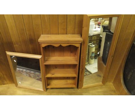 A pine barrel back corner shelf unit, pine wall shelf unit and two pine framed mirrors