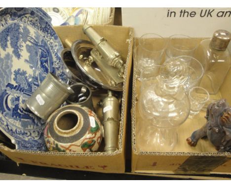 Two boxes of assorted items to include a plated salver, a Spode Italian twin-handled plate, various pewter tankards, a waiste