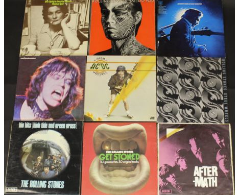 A box of various 33 rpm LP records including Rolling Stones "After-math", "Big Hits (High Tide and Green Grass)", "Milestones