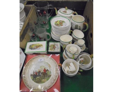 A collection of hunt related glass and china ware including Copeland Spode tea wares, lemonade set, Palissy Royal Worcester S