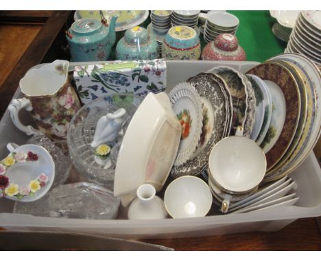 Two boxes of sundry china and glass to include two Poole Pottery vases and a similar jug, various glass paperweights includin
