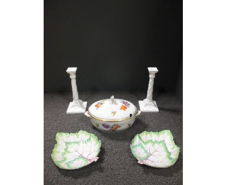 A pair of Vienna cabbage leaf pattern side dishes, a Royal Copenhagen tureen and cover and a pair of Royal Worcester glazed c