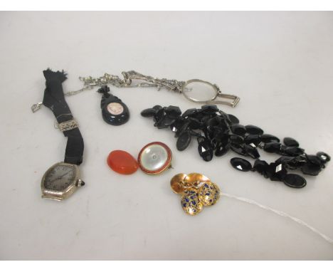 A pair of French silver lorgnettes on an associated chain, an early 20th century 14k white gold watch, a pair of yellow preci